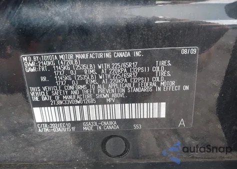 2009 Toyota Rav4 Base V6 z USA, uszkodzony, nr VIN 2T3BK33V09W012685